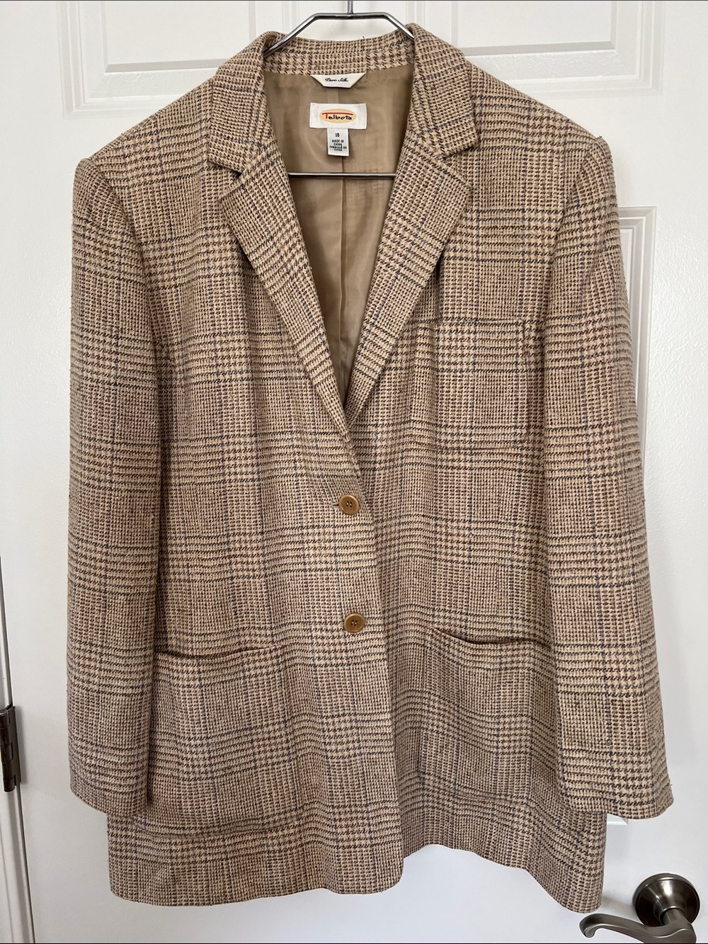 Talbots Brown Glen Plaid Notch Lapel Pure Silk  Blazer Size 16